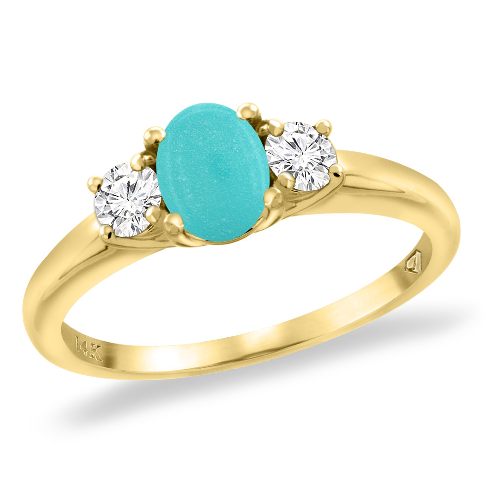 14K Yellow Gold Natural Turquoise Engagement Ring Diamond Accents Oval 7x5 mm, sizes 5 -10