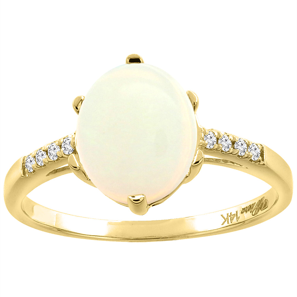 14K Yellow Gold Natural Opal &amp; Diamond Ring Oval 10x8 mm, sizes 5-10
