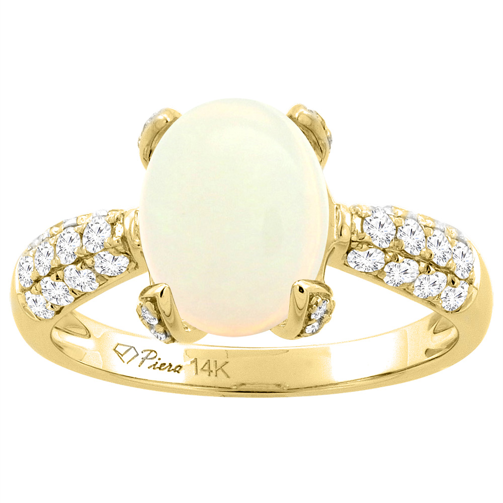 14K Yellow Gold Natural Opal Engagement Ring Oval 10x8 mm &amp; Diamond Accents, sizes 5 - 10