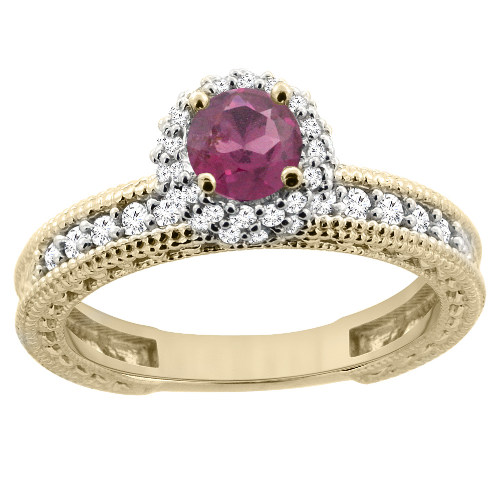 14K Yellow Gold Natural Rhodolite Round 5mm Engagement Ring Diamond Accents, sizes 5 - 10