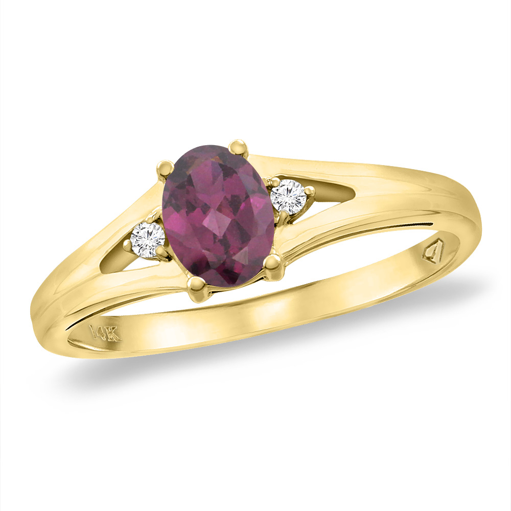 14K Yellow Gold Diamond Natural Rhodolite Engagement Ring Oval 6x4 mm, sizes 5 -10