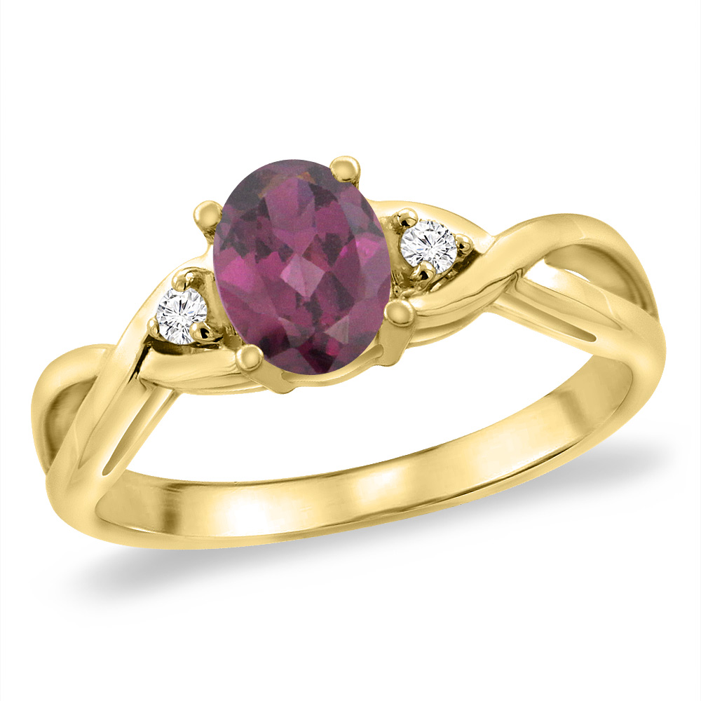 14K Yellow Gold Diamond Natural Rhodolite Infinity Engagement Ring Oval 7x5 mm, sizes 5 -10