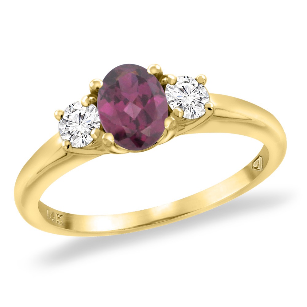 14K Yellow Gold Natural Rhodolite Engagement Ring Diamond Accents Oval 7x5 mm, sizes 5 -10