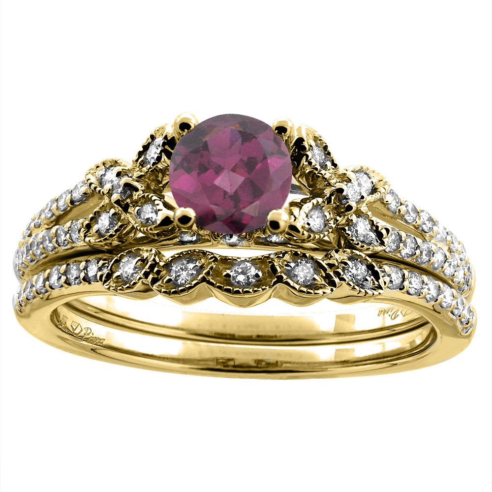 14K Yellow Gold Floral Diamond Natural Rodolite 2pc Engagement Ring Set Round 5 mm, sizes 5-10