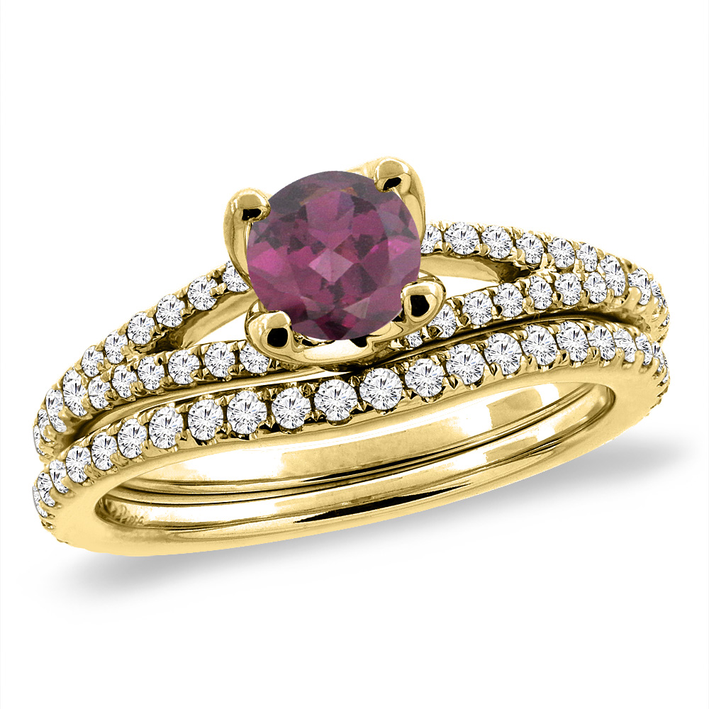 14K Yellow Gold Diamond Natural Rodolite 2pc Engagement Ring Set Round 5 mm, sizes 5-10