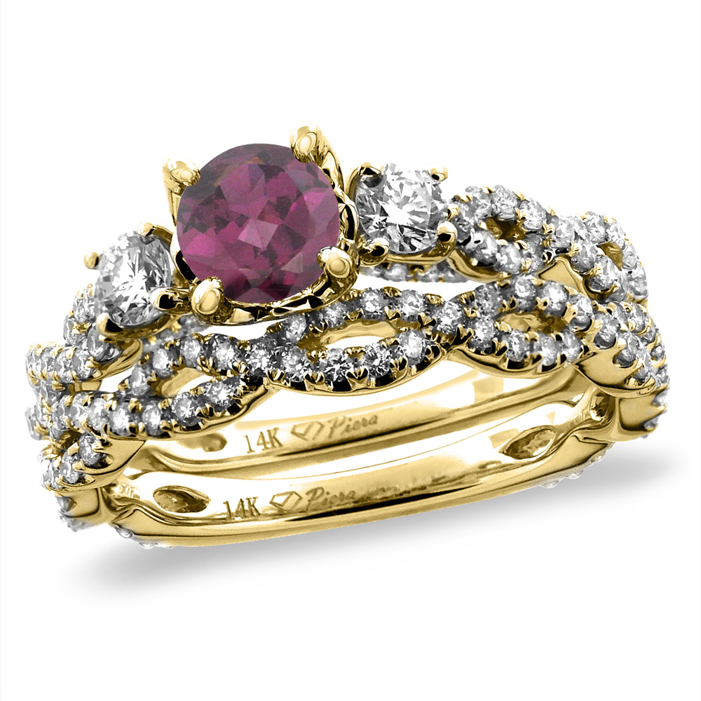 14K Yellow Gold Diamond Natural Rodolite 2pc Infinity Engagement Ring Set Round 5 mm, sizes 5-10