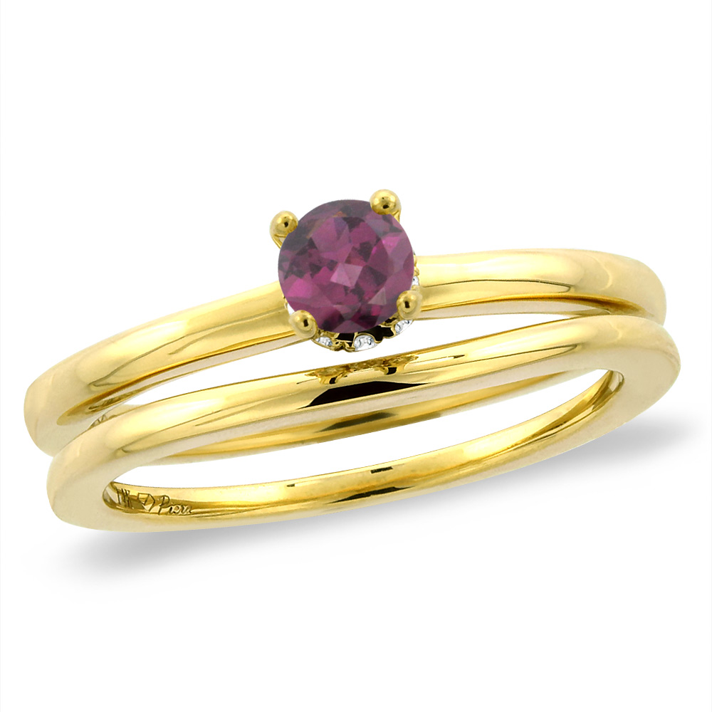 14K Yellow Gold Diamond Natural Rodolite 2pc Solitaire Engagement Ring Set Round 5 mm, sizes 5 -10
