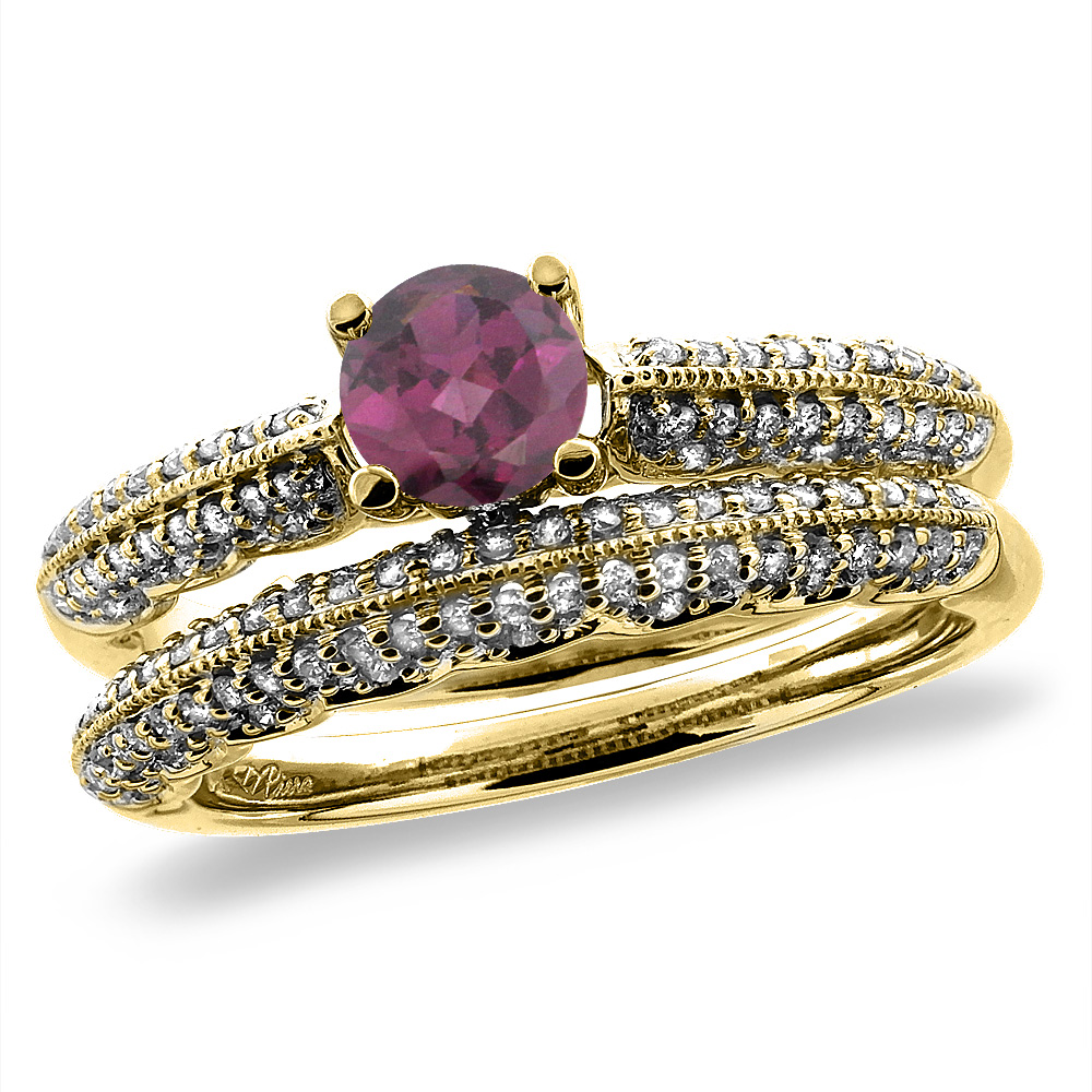 14K Yellow Gold Diamond Natural Rodolite 2pc Engagement Ring Set Round 5 mm, sizes 5-10