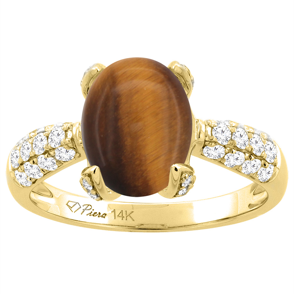 14K Yellow Gold Natural Tiger Eye Engagement Ring Oval 16x12 mm &amp; Diamond Accents, sizes 5 - 10