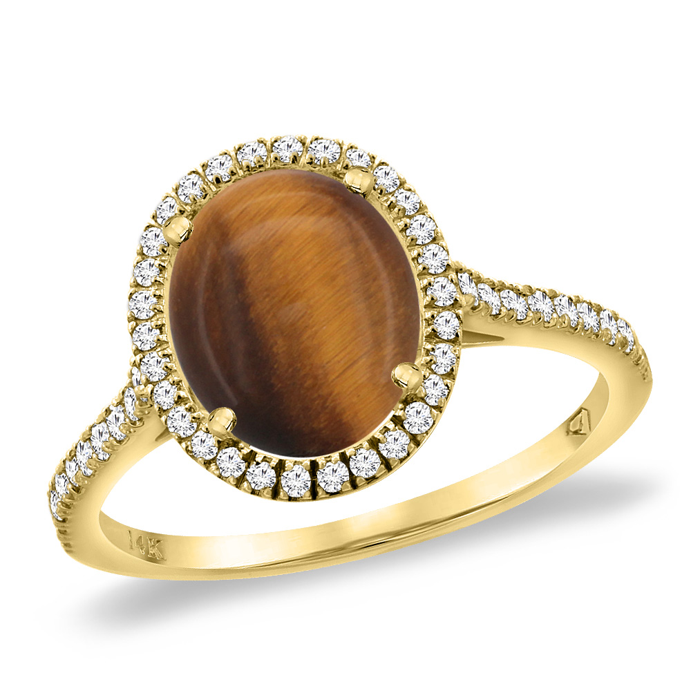14K Yellow Gold Natural Tiger Eye Diamond Halo Engagement Ring 10x8 mm Oval, sizes 5 -10
