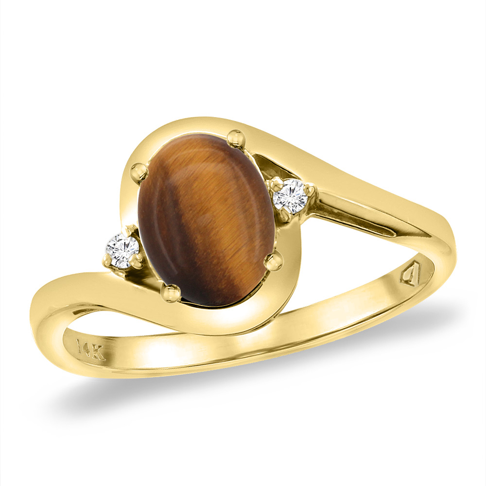 14K Yellow Gold Diamond Natural Tiger Eye Bypass Engagement Ring Oval 8x6 mm, sizes 5 -10