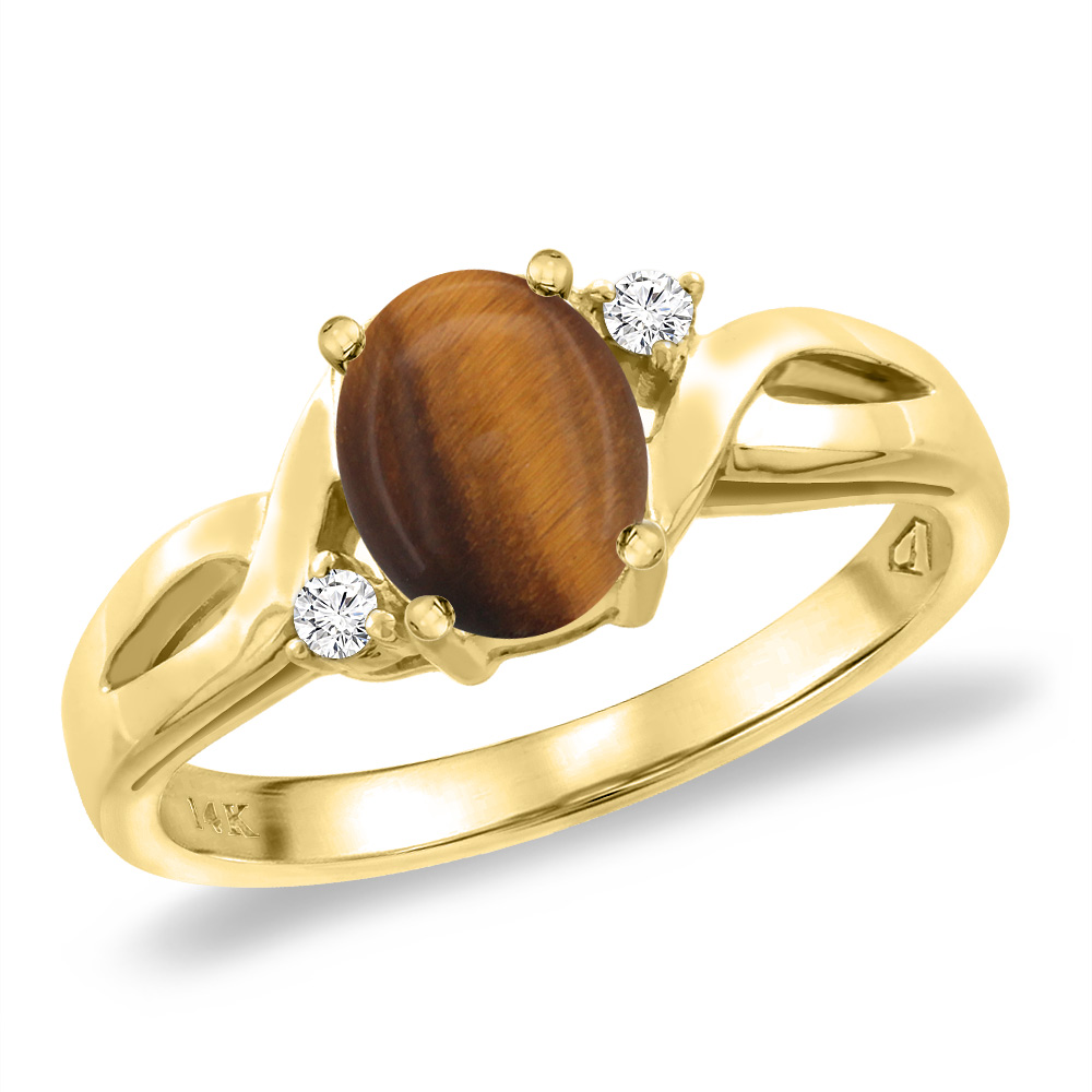 14K Yellow Gold Diamond Natural Tiger Eye Engagement Ring Oval 8x6 mm, sizes 5 -10