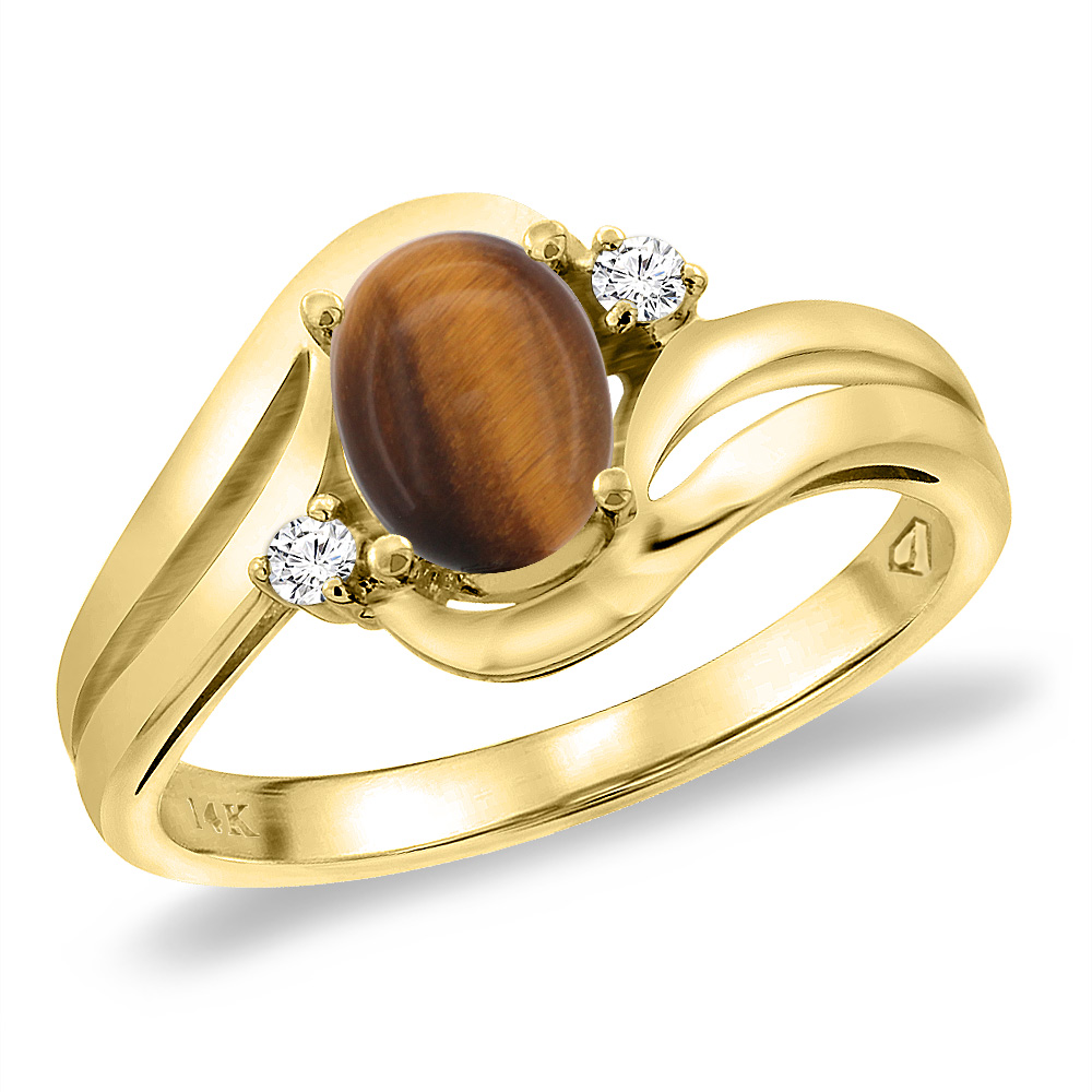 14K Yellow Gold Diamond Natural Tiger Eye Bypass Engagement Ring Oval 8x6 mm, sizes 5 -10