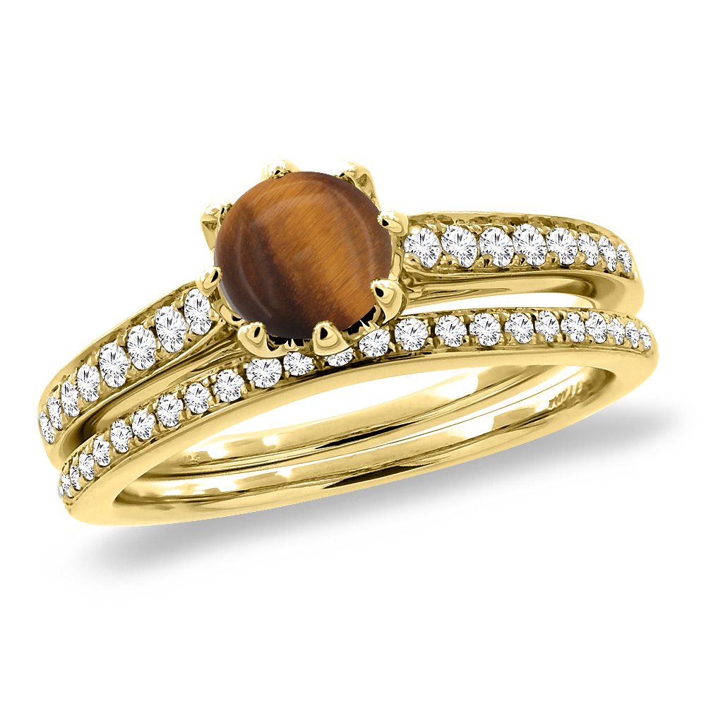 14K Yellow Gold Diamond Natural Tiger Eye 2pc Engagement Ring Set Round 5 mm, sizes 5-10
