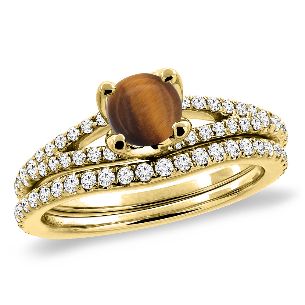 14K Yellow Gold Diamond Natural Tiger Eye 2pc Engagement Ring Set Round 5 mm, sizes 5-10