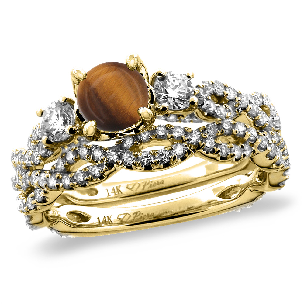 14K Yellow Gold Diamond Natural Tiger Eye 2pc Infinity Engagement Ring Set Round 5 mm, sizes 5-10