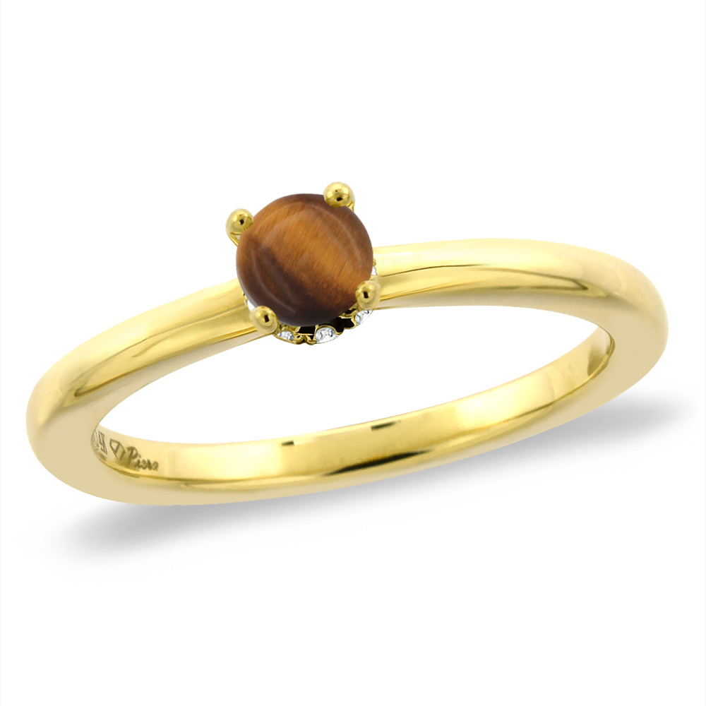 14K Yellow Gold Diamond Natural Tiger Eye Solitaire Engagement Ring Round 5 mm, sizes 5 -10