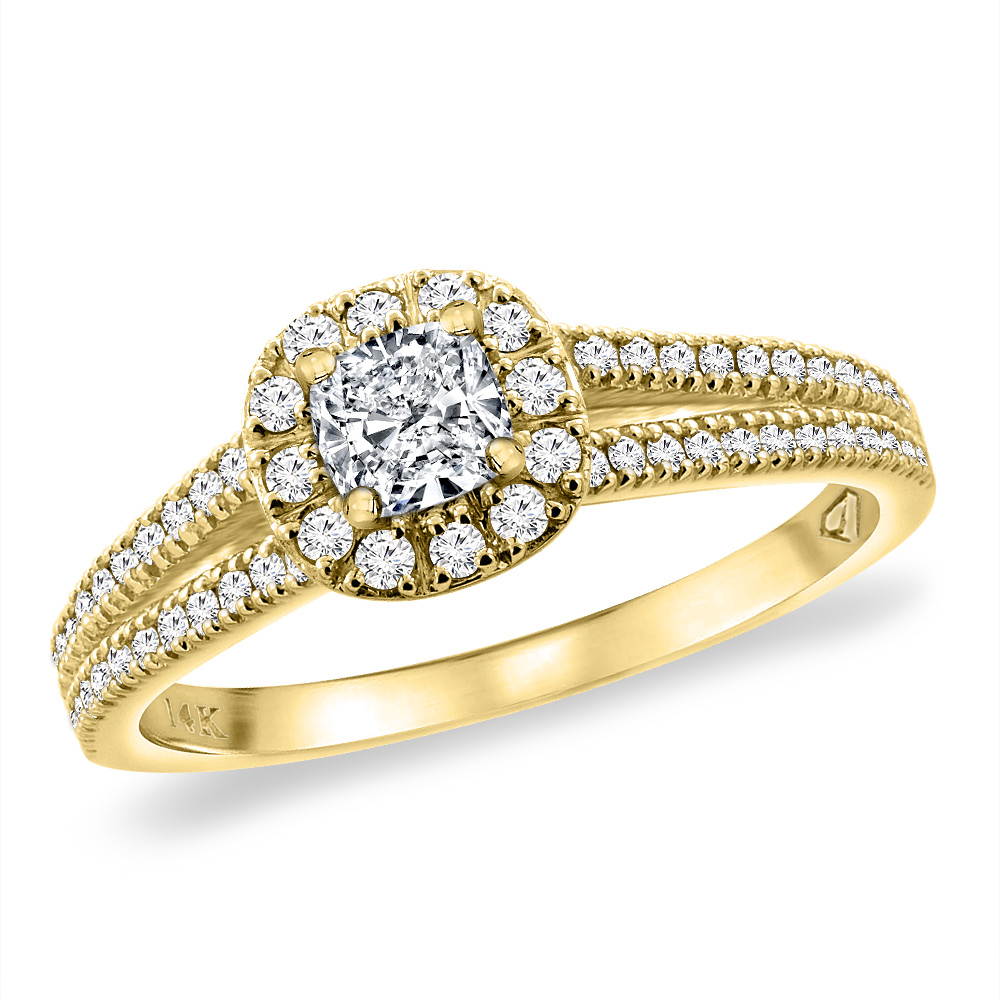 14K Yellow Gold Genuine Diamond 0.67 cttw Split Shank Engagement Ring 4.5mm Cushion, sizes 5 -10