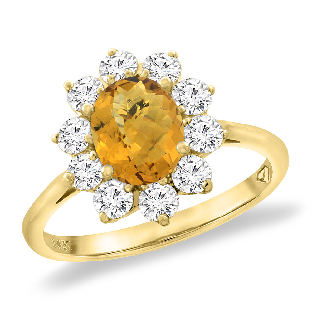 14K Yellow Gold Diamond Natural Whisky Quartz Engagement Ring Oval 8x6 mm, sizes 5 -10