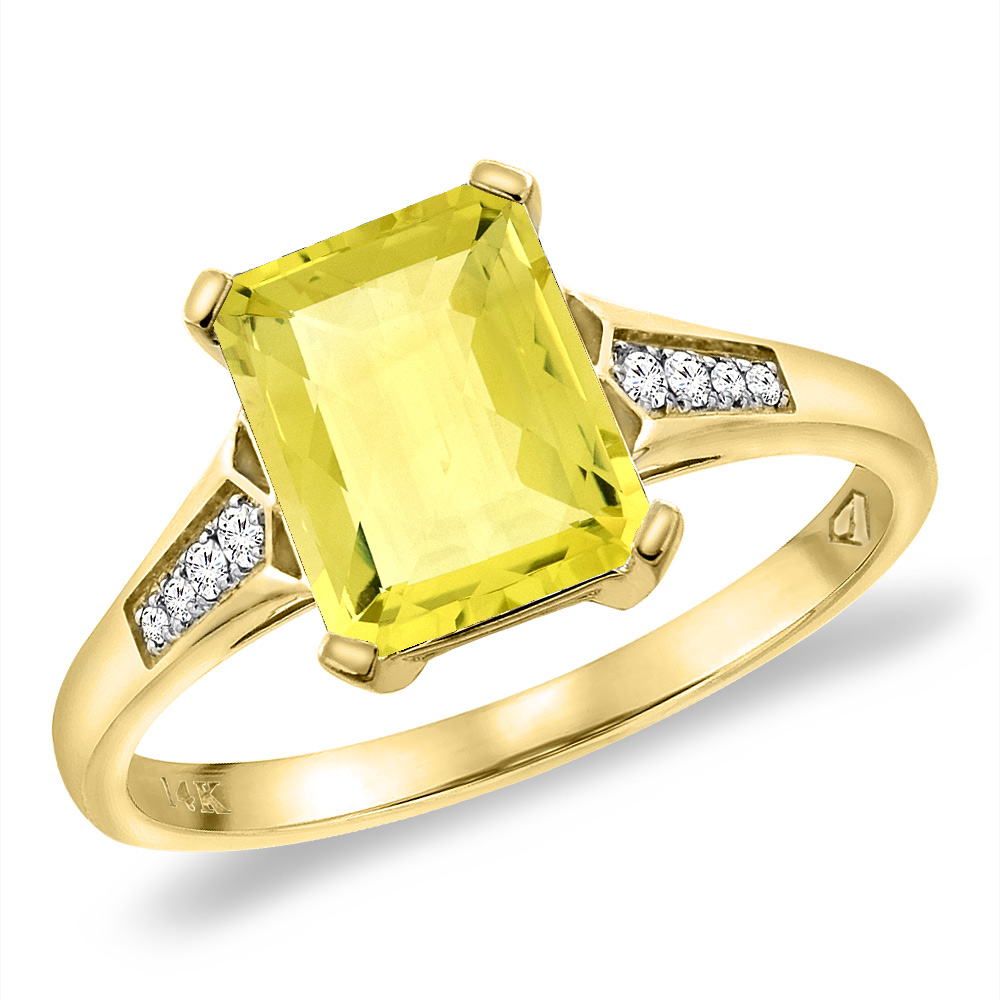 14K Yellow Gold Natural Lemon Quartz Ring 9x7 mm Octagon with Diamond Accent, sizes 5 -10
