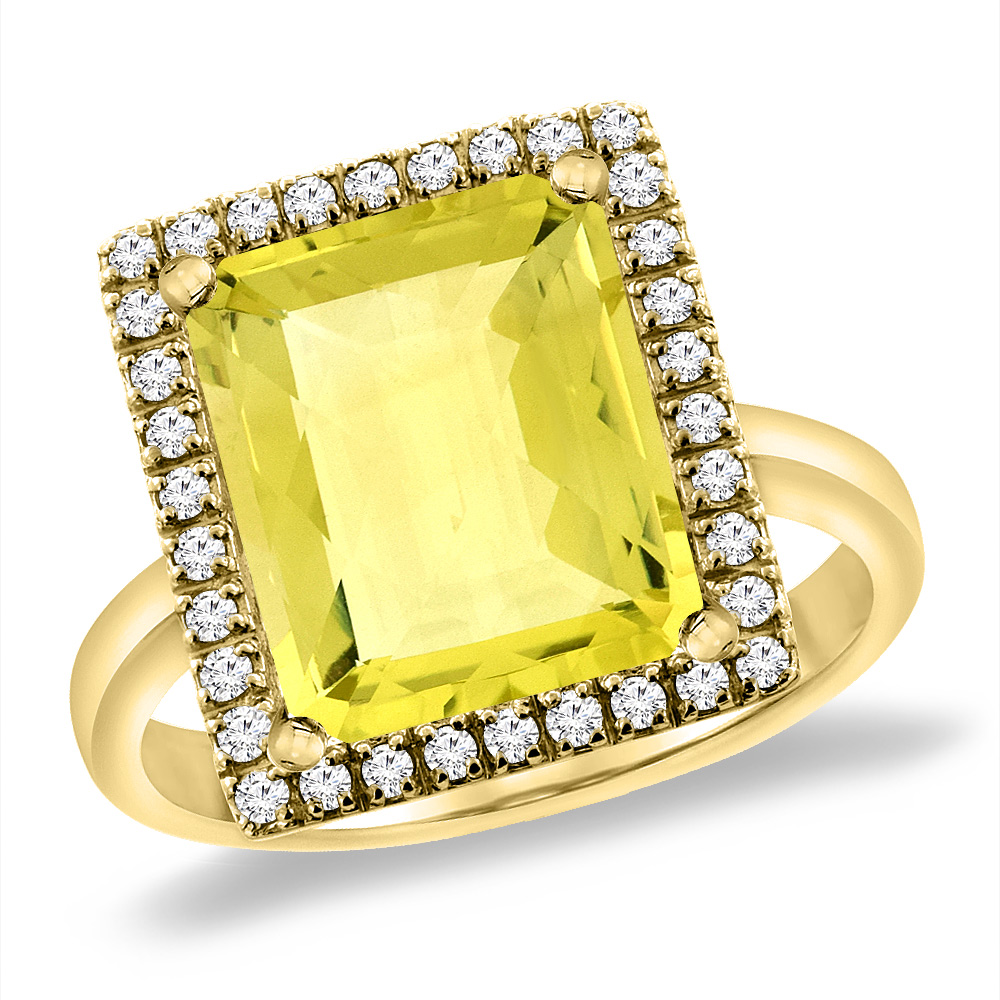 14K Yellow Gold Natural Lemon Quartz Ring Diamond Accent 12x10 mm Octagon, sizes 5 -10