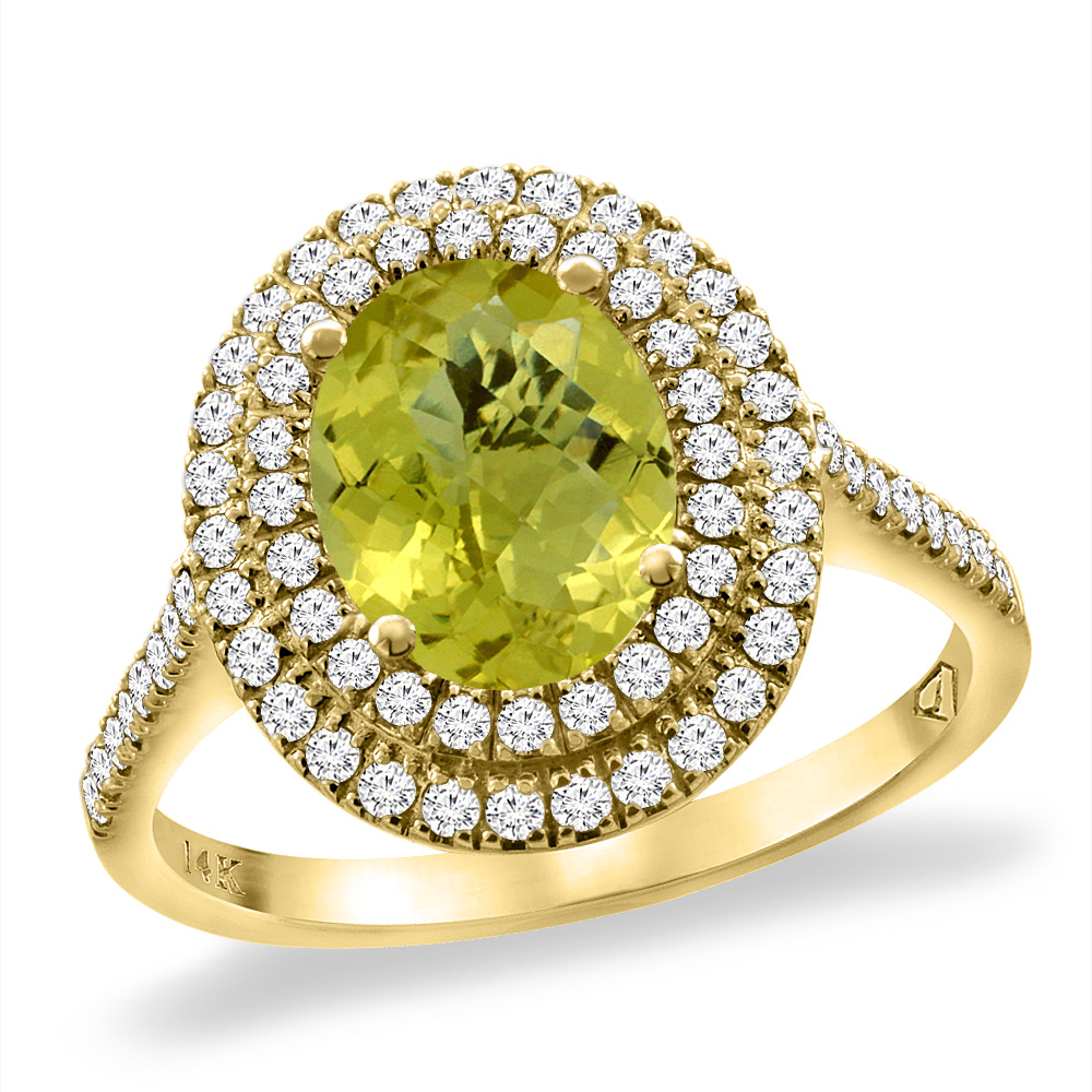 14K Yellow Gold Natural Lemon Quartz Two Halo Diamond Engagement Ring 9x7 mm Oval, sizes 5 -10