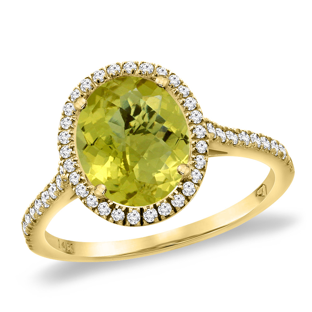 14K Yellow Gold Natural Lemon Quartz Diamond Halo Engagement Ring 10x8 mm Oval, sizes 5 -10