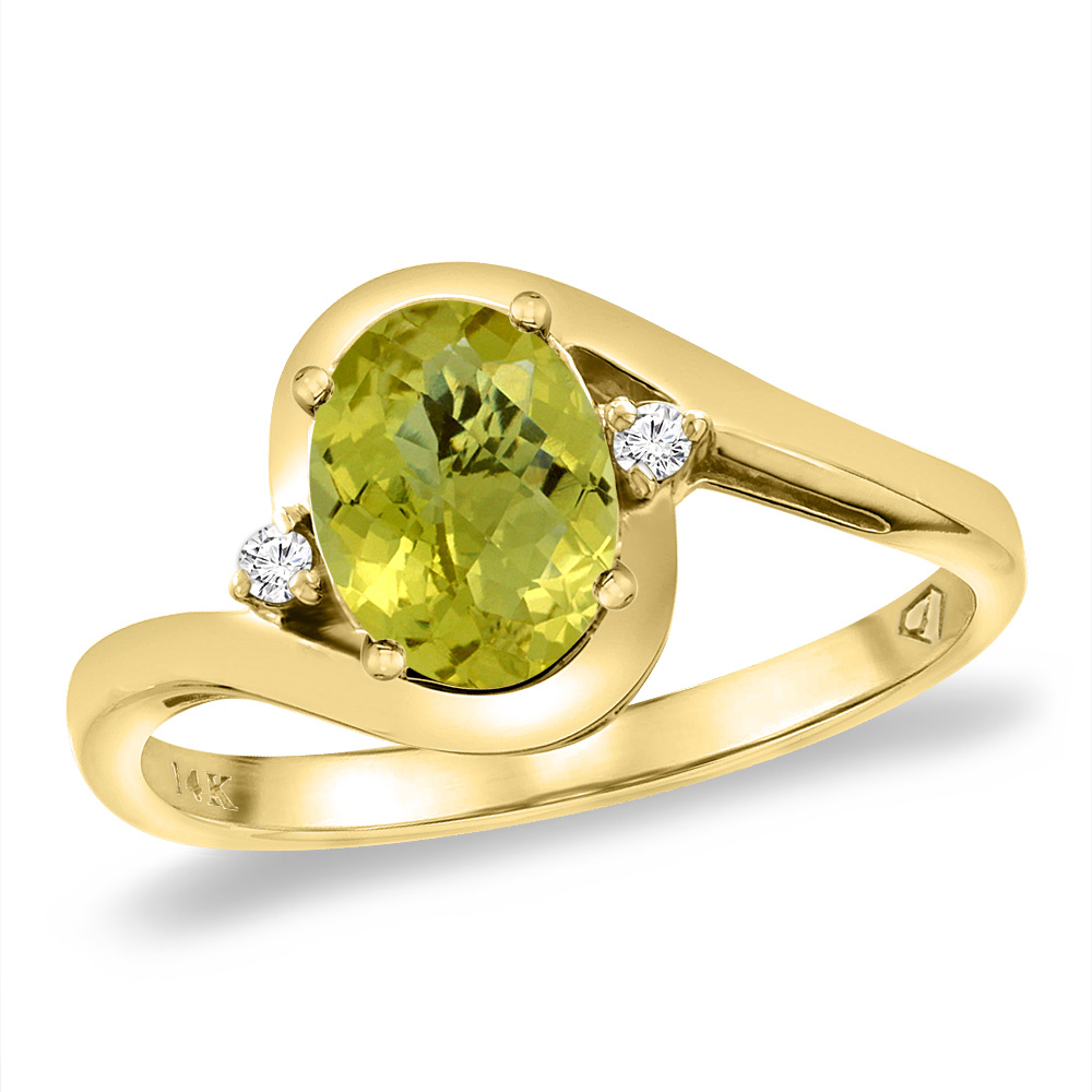 14K Yellow Gold Diamond Natural Lemon Quartz Bypass Engagement Ring Oval 8x6 mm, sizes 5 -10