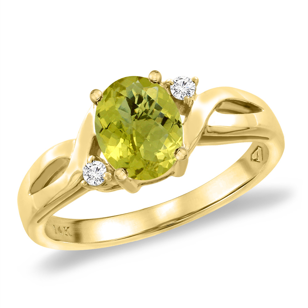 14K Yellow Gold Diamond Natural Lemon Quartz Engagement Ring Oval 8x6 mm, sizes 5 -10