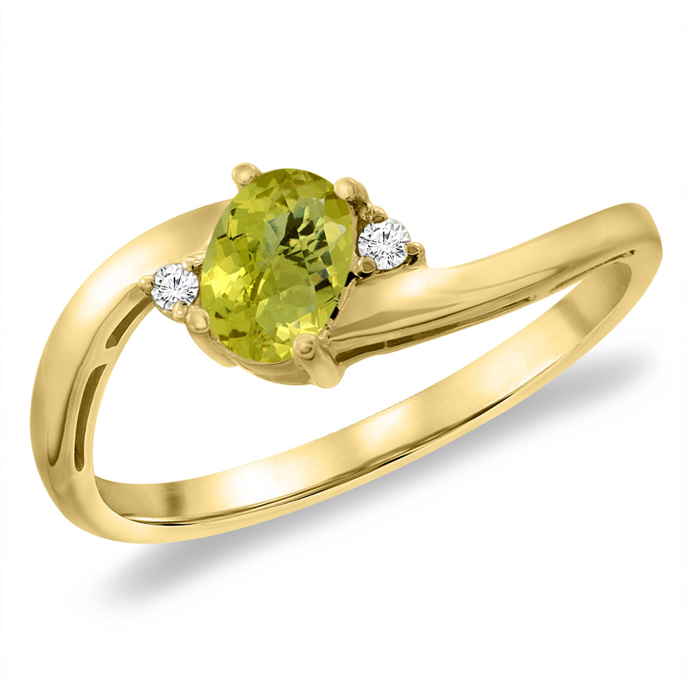 14K Yellow Gold Diamond Natural Lemon Quartz Bypass Engagement Ring Oval 6x4 mm, sizes 5 -10