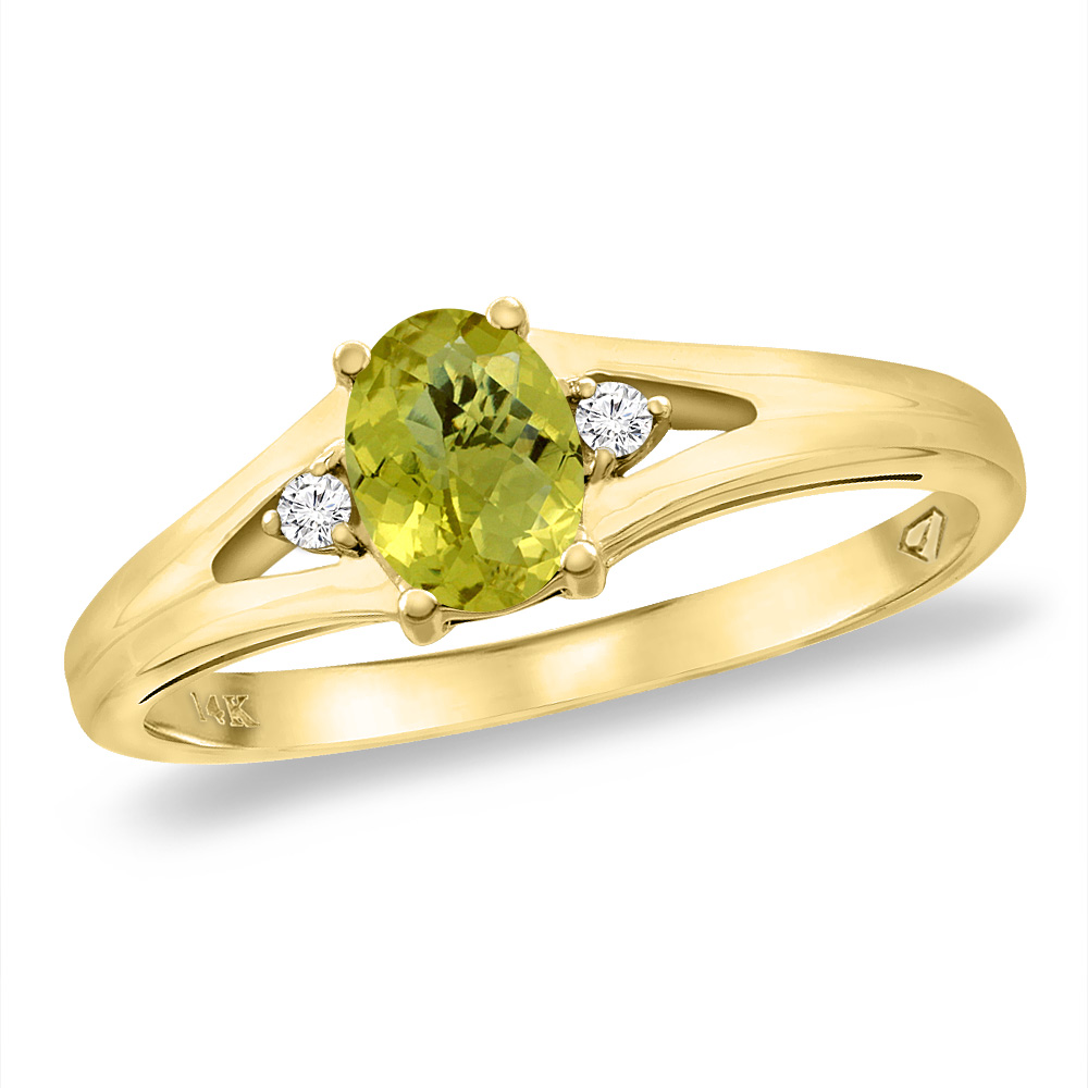 14K Yellow Gold Diamond Natural Lemon Quartz Engagement Ring Oval 6x4 mm, sizes 5 -10