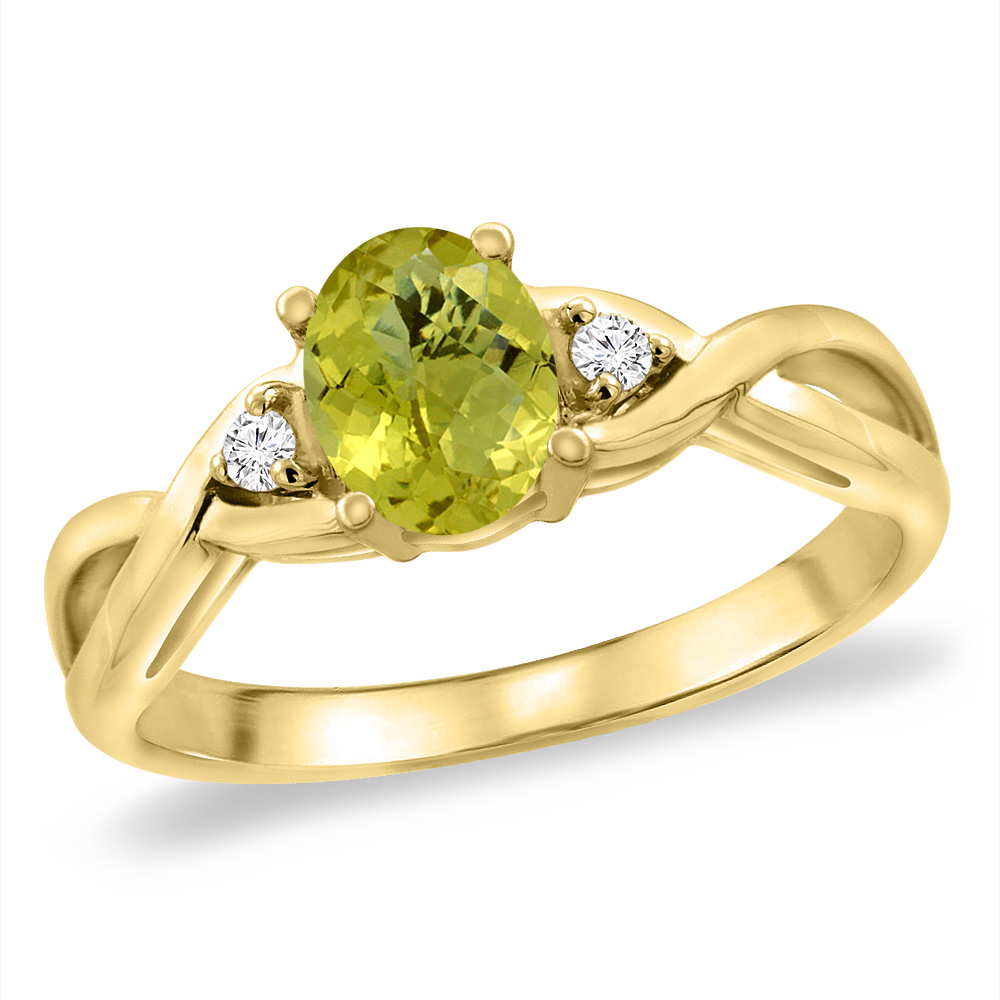 14K Yellow Gold Diamond Natural Lemon Quartz Infinity Engagement Ring Oval 7x5 mm, sizes 5 -10
