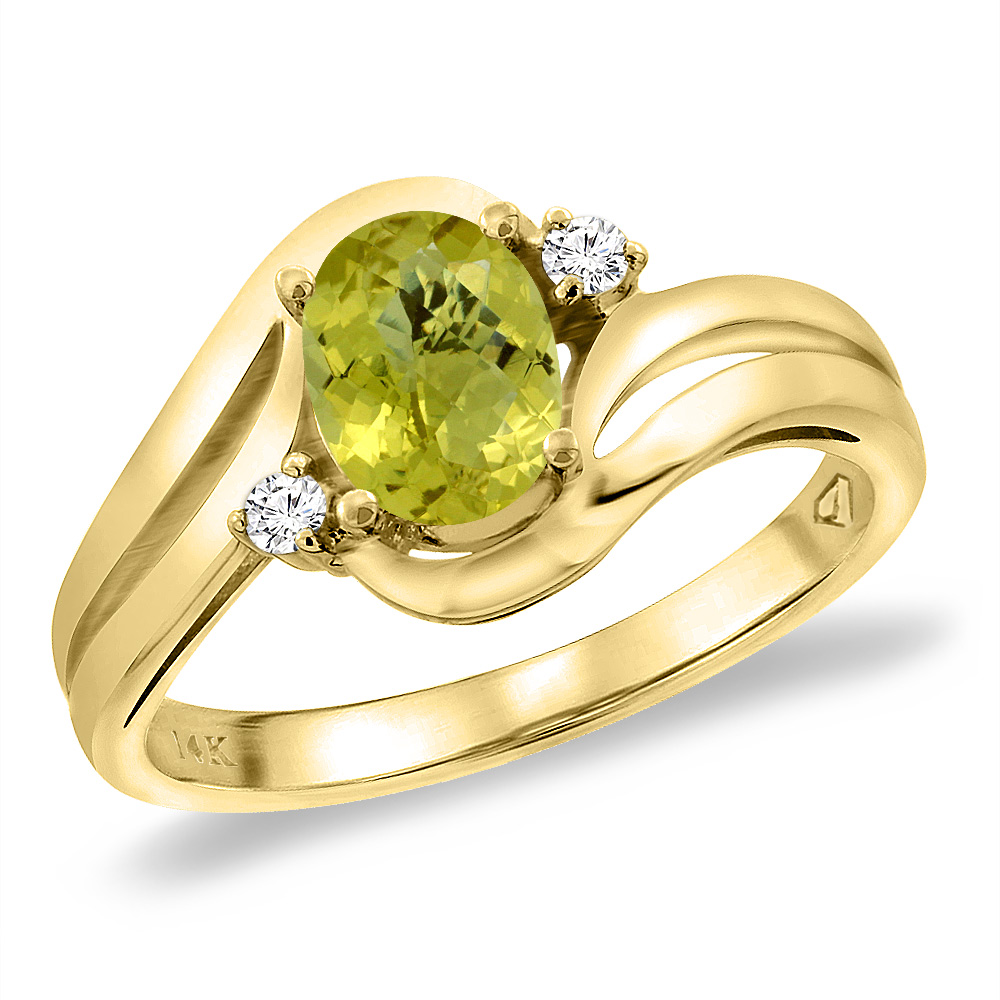 14K Yellow Gold Diamond Natural Lemon Quartz Bypass Engagement Ring Oval 8x6 mm, sizes 5 -10