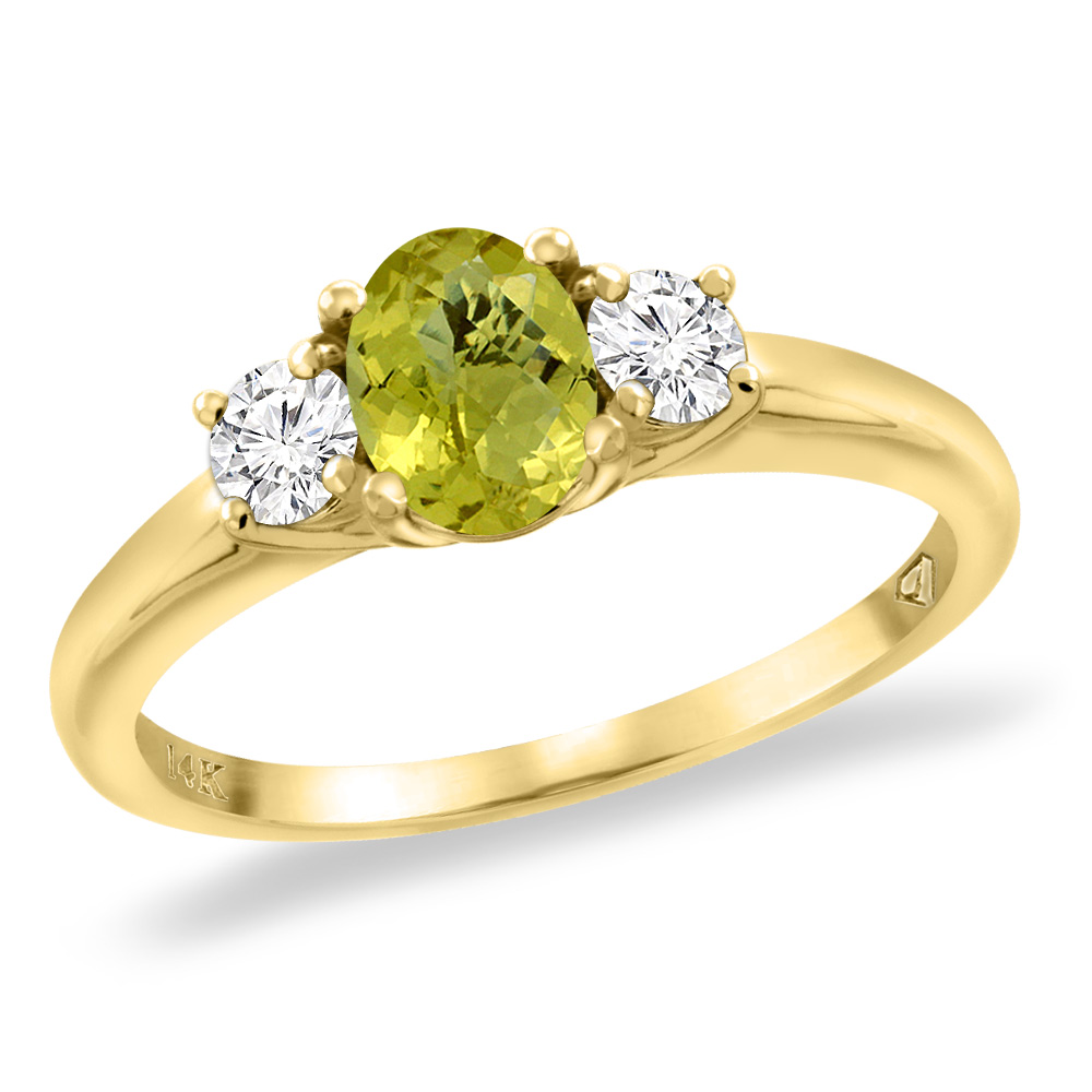 14K Yellow Gold Natural Lemon Quartz Engagement Ring Diamond Accents Oval 7x5 mm, sizes 5 -10