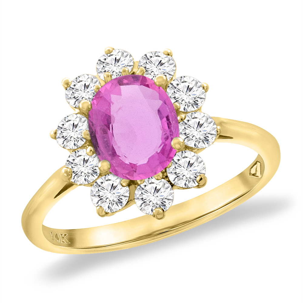 14K Yellow Gold Diamond Natural Pink Sapphire Engagement Ring Oval 8x6 mm, sizes 5 -10