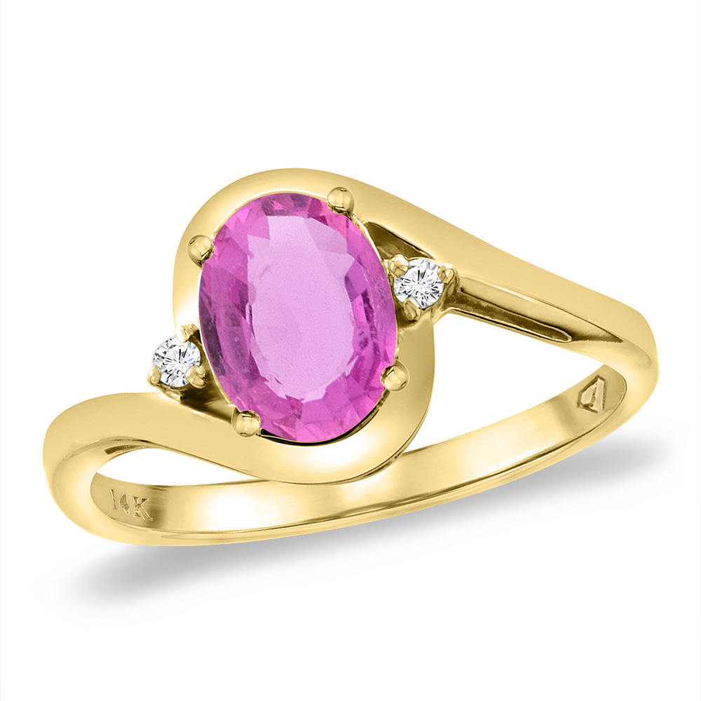 14K Yellow Gold Diamond Natural Pink Sapphire Bypass Engagement Ring Oval 8x6 mm, sizes 5 -10