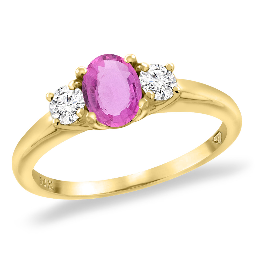 14K Yellow Gold Natural Pink Sapphire Engagement Ring Diamond Accents Oval 7x5 mm, sizes 5 -10