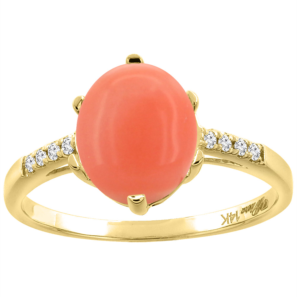 14K Yellow Gold Natural Coral &amp; Diamond Ring Oval 10x8 mm, sizes 5-10