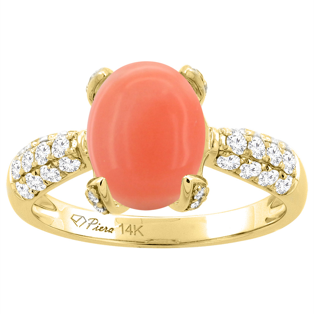 14K Yellow Gold Natural Coral Engagement Ring Oval 10x8 mm & Diamond Accents, sizes 5 - 10