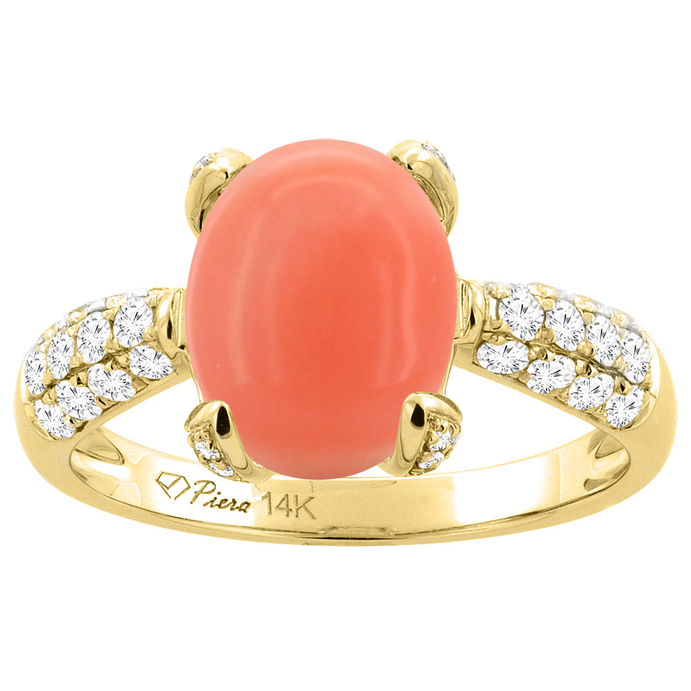 14K Yellow Gold Natural Coral Engagement Ring Oval 11x9 mm & Diamond Accents, sizes 5 - 10
