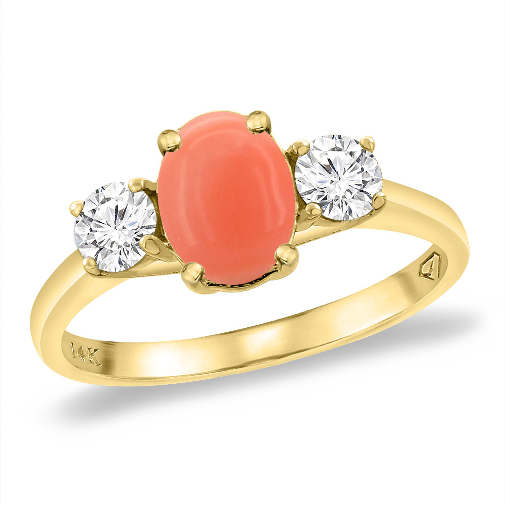 14K Yellow Gold Natural Coral &amp; 2pc. Diamond Engagement Ring Oval 8x6 mm, sizes 5 -10