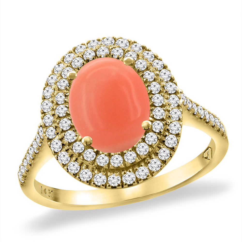 14K Yellow Gold Natural Coral Two Halo Diamond Engagement Ring 9x7 mm Oval, sizes 5 -10