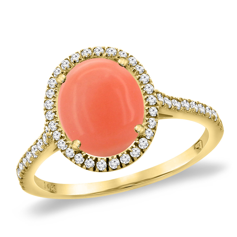 14K Yellow Gold Natural Coral Diamond Halo Engagement Ring 10x8 mm Oval, sizes 5 -10