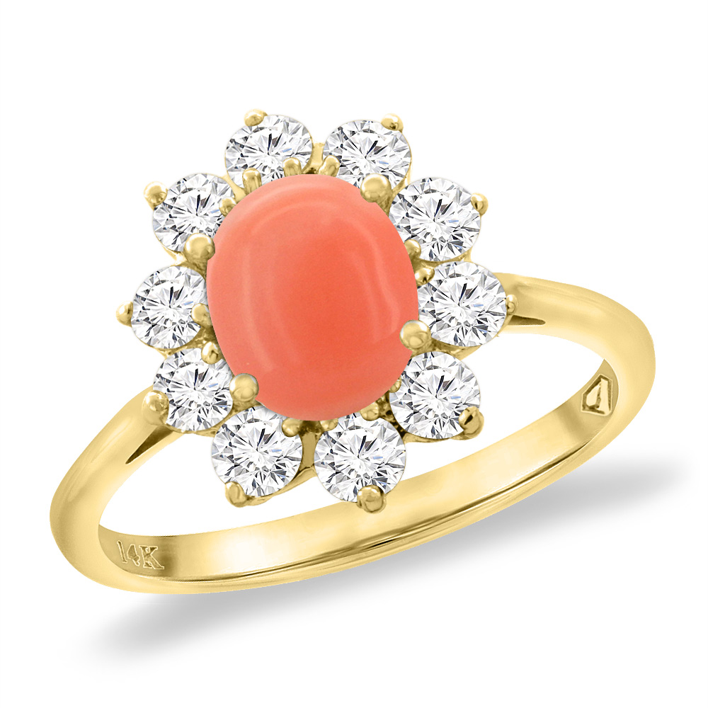 14K Yellow Gold Diamond Natural Coral Engagement Ring Oval 8x6 mm, sizes 5 -10