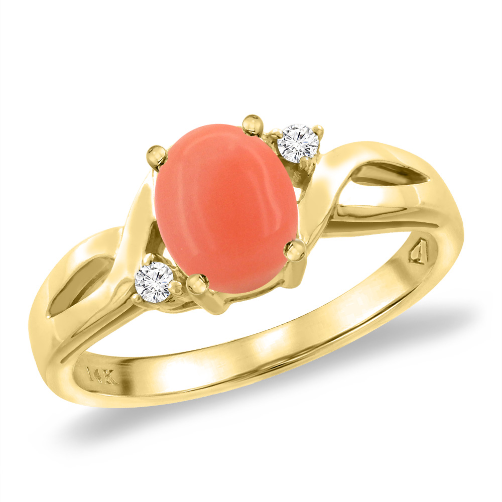 14K Yellow Gold Diamond Natural Coral Engagement Ring Oval 8x6 mm, sizes 5 -10