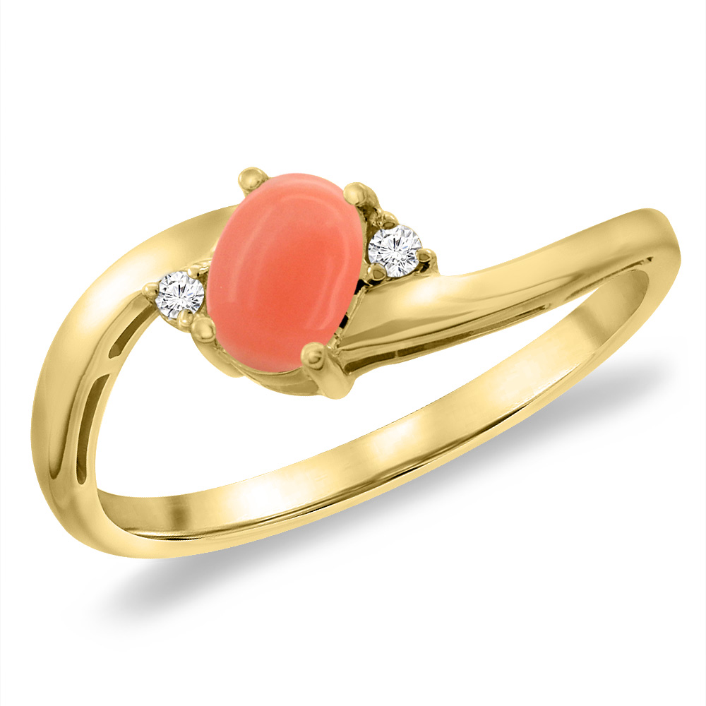 14K Yellow Gold Diamond Natural Coral Bypass Engagement Ring Oval 6x4 mm, sizes 5 -10
