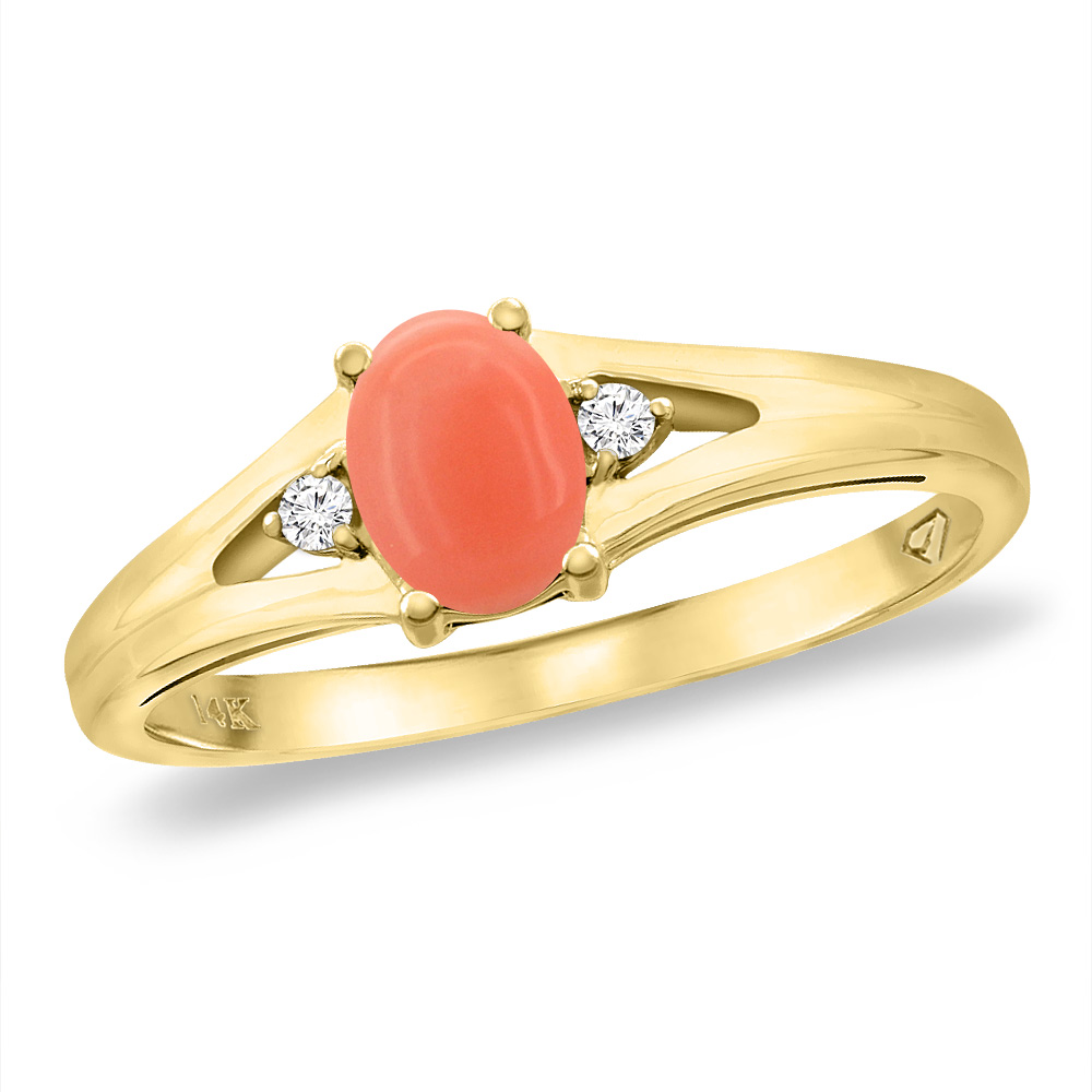 14K Yellow Gold Diamond Natural Coral Engagement Ring Oval 6x4 mm, sizes 5 -10