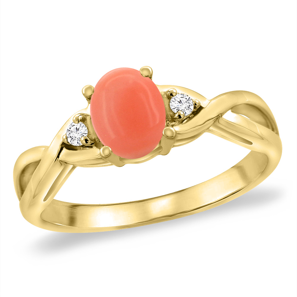 14K Yellow Gold Diamond Natural Coral Infinity Engagement Ring Oval 7x5 mm, sizes 5 -10