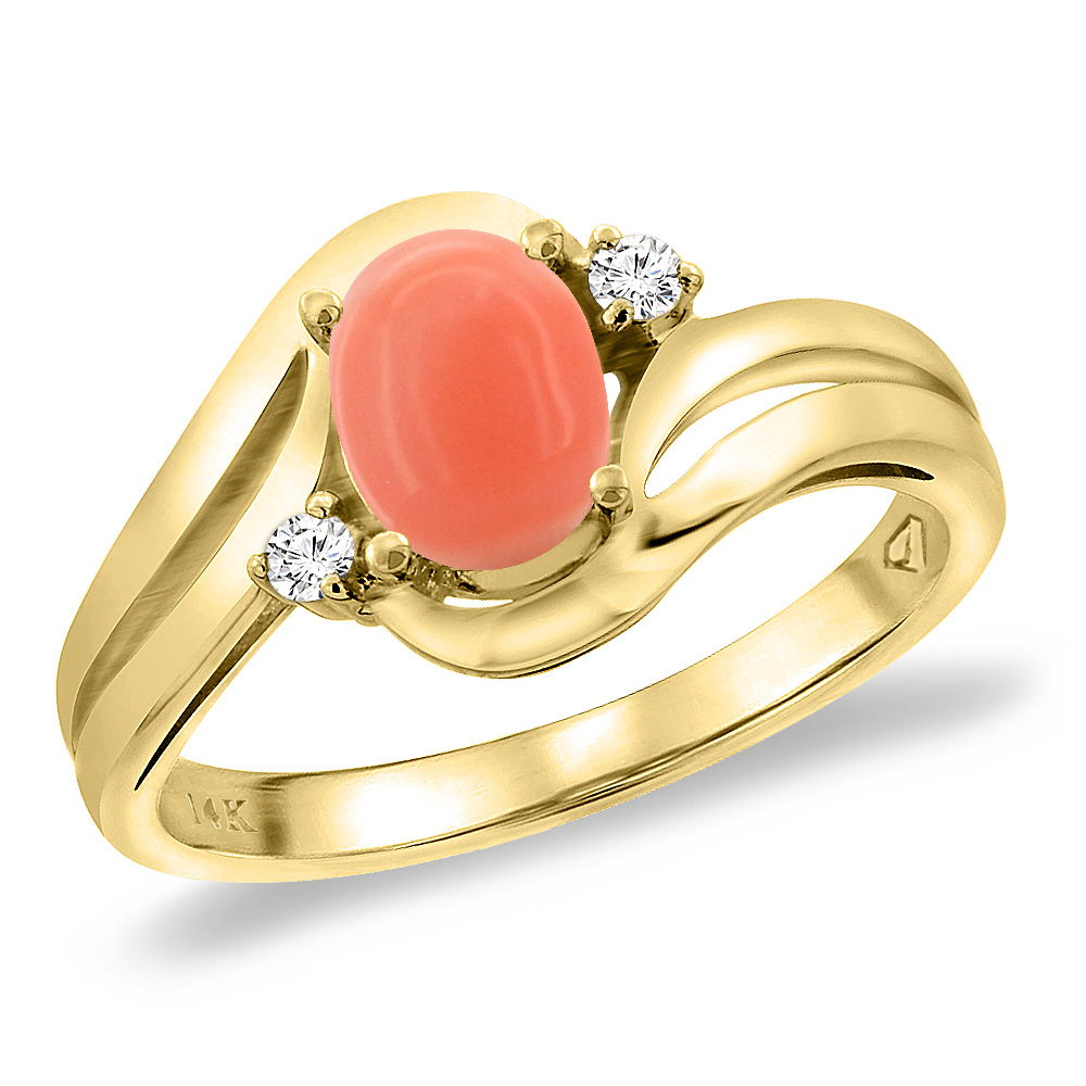 14K Yellow Gold Diamond Natural Coral Bypass Engagement Ring Oval 8x6 mm, sizes 5 -10