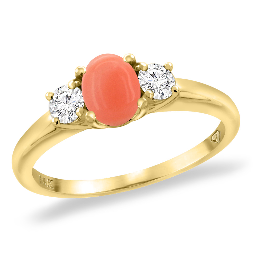 14K Yellow Gold Natural Coral Engagement Ring Diamond Accents Oval 7x5 mm, sizes 5 -10